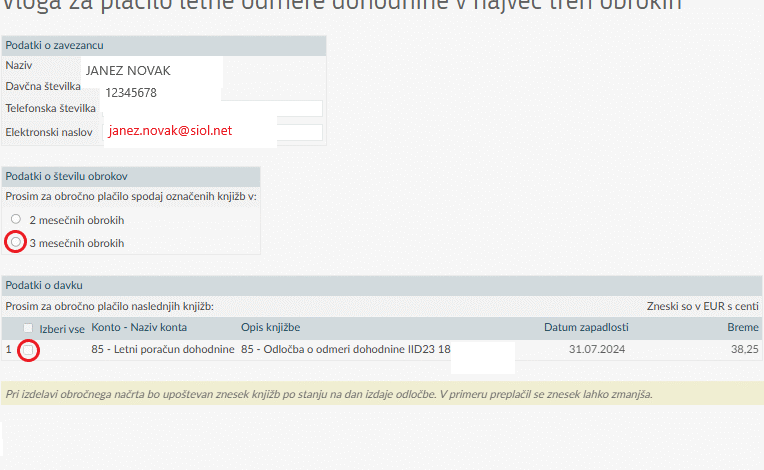 vloga za obrocno placilo dohodnine