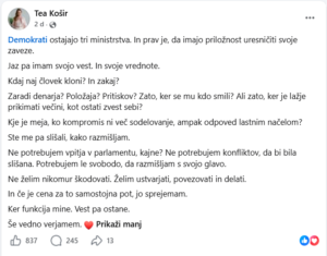 tea kosir odstop kot poslanka